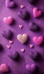Obraz premium A whimsical display of purple and pink hearts dances across a soft purple surface, capturing the essence of love and celebration on Valentine's Day.