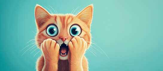 Obraz premium Cute cartoon orange cat with big blue eyes and surprise expression on turquoise background