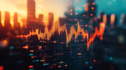 Fototapeta premium Illuminated financial graphs against urban sunset backdrop city lights : Generative AI