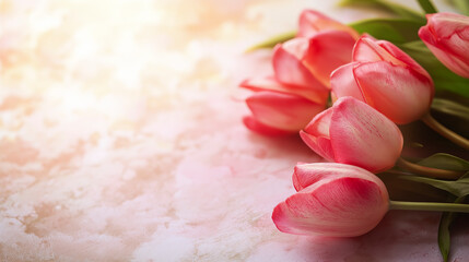 Bouquet of pink tulips arranged on a soft pastel background with soft lighting