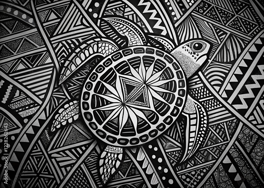 Poster minimalist polynesian tribal turtle pattern - intricate line art design
