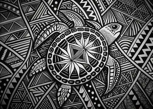 Minimalist Polynesian Tribal Turtle Pattern - Intricate Line Art Design