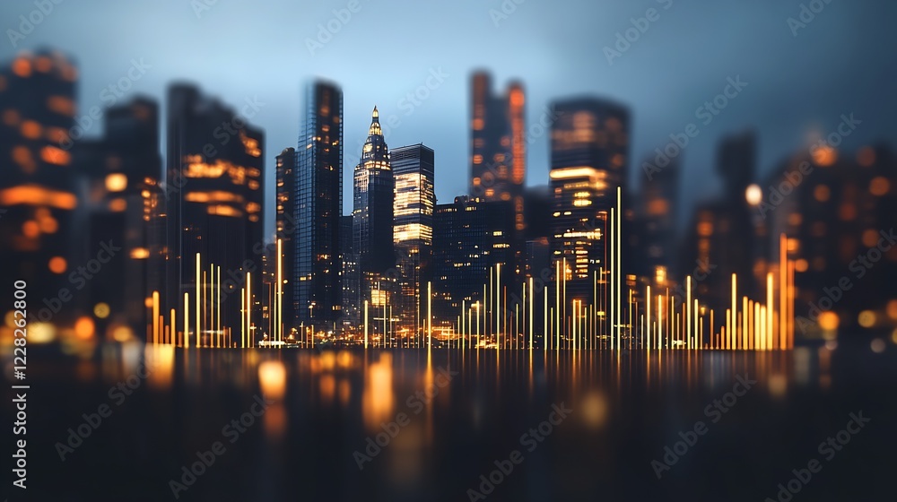 Aufkleber illuminated urban skyline with bar graph reflections at dusk : generative ai
