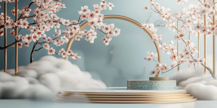 Podio de sakura con cerezos en flor. Sakura, fondo de primavera con nubes. Plataforma de visualizaci&oacute;n de productos 3D.