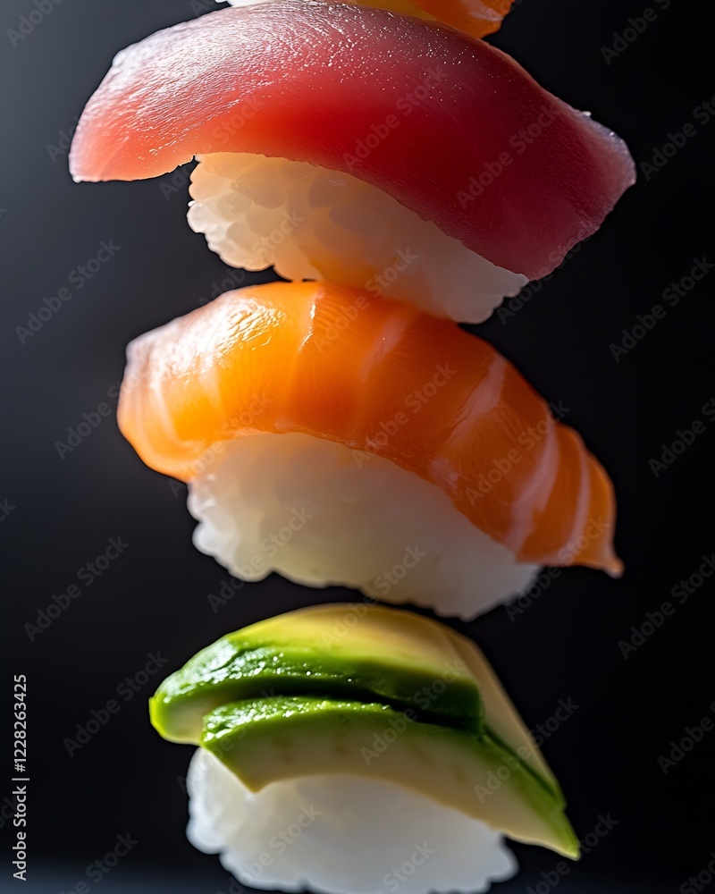 Poster Floating Sushi Composition with Tuna Salmon and Avocado Pieces : Generative AI