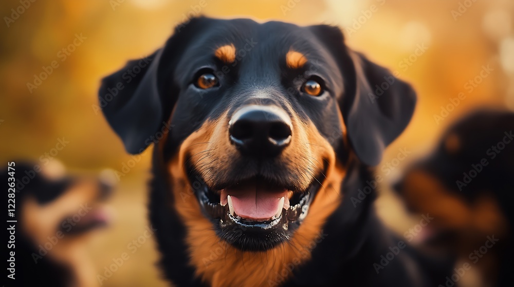 Poster charming black and tan dog in focus with a sunny autumn setting and expression of happiness : genera