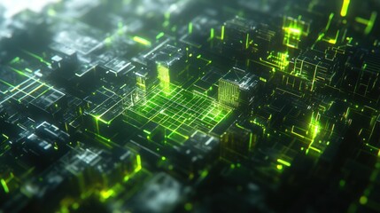 Naklejka premium Abstract Cyberpunk Cityscape: Neon Green Digital Metropolis