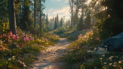 Obraz premium Sunlit Forest Path With Blooming Wildflowers