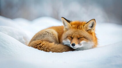 Obraz premium Minimalist Snow Scene: Sleeping Red Fox in Japan