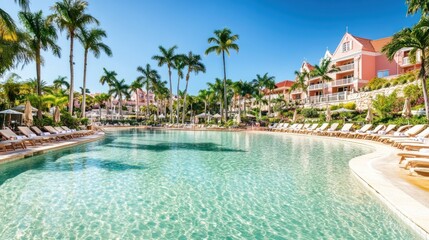 Luxurious Resort Pool With Palm Trees And Buildings