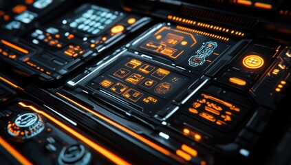 Futuristic Technology Interface:  A Close-Up View of a Sleek,  High-Tech Control Panel with Glowing Orange and Blue Details.
