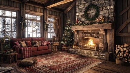 Cozy Rustic Cabin Christmas Fireplace Scene