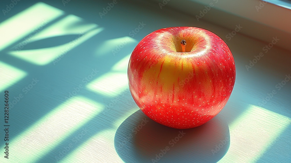 Poster A shiny red apple resting on a surface with soft shadows and light.