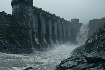 Dam overflowing, stormy weather, mountain landscape, power generation