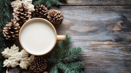 Fototapeta premium Warm Milk Winter Scene With Cookies And Pine Cones