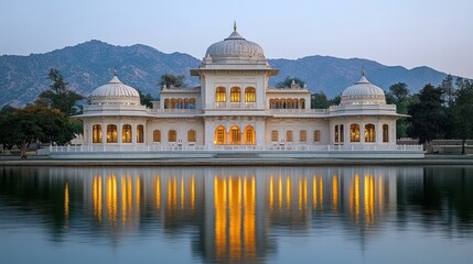 Fototapeta premium Palace lake reflection, sunset, mountains, India, tourism