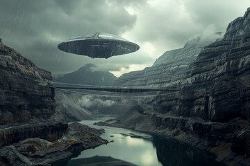 Obraz premium Alien, spaceship and UFO with lightning on mountain for fantasy, science fiction and space abduction. Neural network ai generated