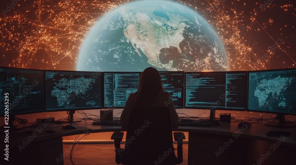 Aufkleber professional woman analyzing data with multiple screens and a global view