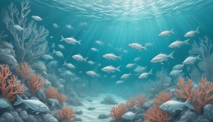 
Un banco de peces plateados nadando en un ambiente submarino claro de color turquesa con formaciones de coral al fondo