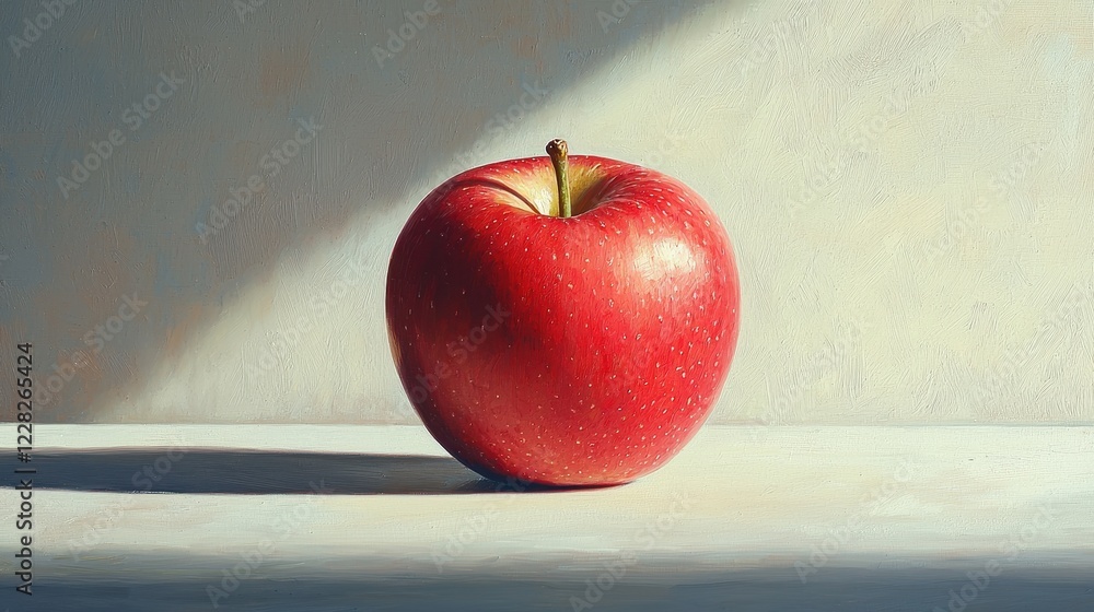 Poster a realistic painting of a red apple casting a shadow on a light surface.