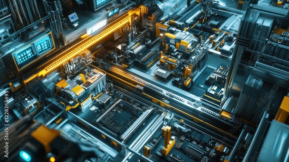 Poster Futuristic Automated Factory Robotic Assembly Line