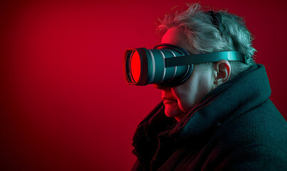 Elderly person exploring virtual reality with a modern headset in a red-lit environment
