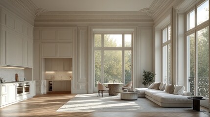 Obraz premium Parisian apartment, sunlit living room, autumn view, interior design