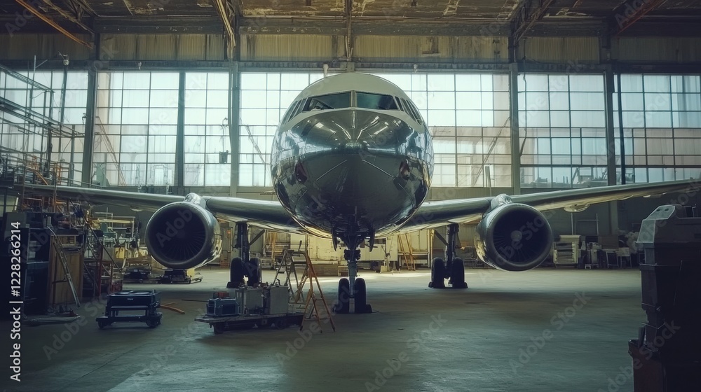 Poster aircraft undergoing maintenance in a hangar with tools and equipment visible during daylight hours. 