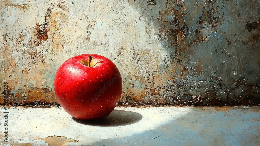 Poster a vibrant red apple resting on a textured surface with soft lighting.