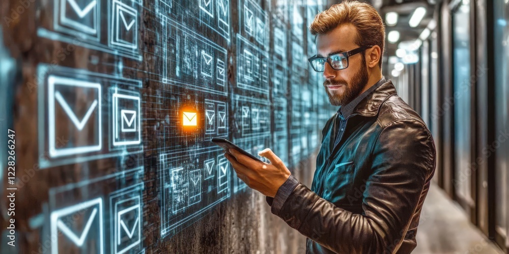 Poster man using smartphone to interact with digital email icons on a wall