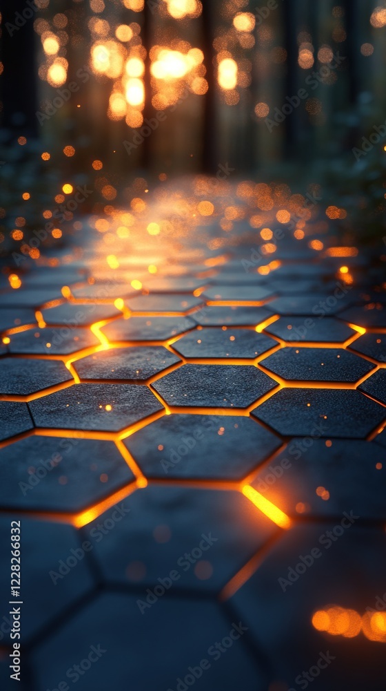 Poster glowing hexagonal path in forest with bokeh background