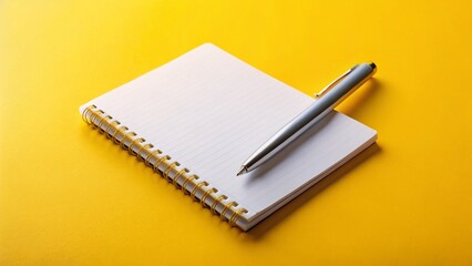 Minimalist White Notebook & Pen on Vibrant Yellow Background - Ready for Notes & Ideas - Tilt-Shift Photography