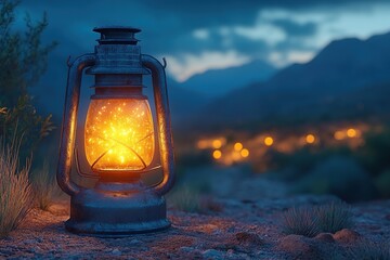 Glowing lantern at dusk in desert, distant village lights