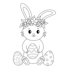 Cute Easter bunny with eggs coloring page for kids