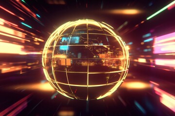 Globe spinning with glowing lines demonstrates modern technology and global connections in a digital landscape. Generative AI