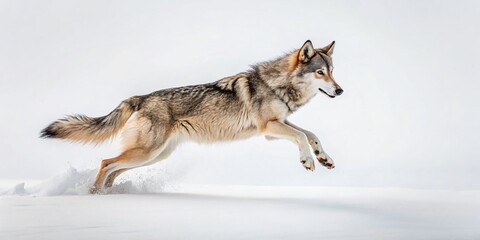 Obraz premium Minimalist Wolf Running, Leaping Canid, Isolated Wildlife Action Shot, Nature Photography