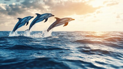 Fototapeta premium Dolphins Leaping Out of the Ocean: A Dynamic and Energetic Scene Showcasing the Grace of Marine Mammals, Perfect for Wildlife Documentaries or Marine Conservation