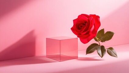 A Single Red Rose on a Pink Background with Glass Cube