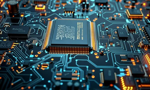 Close-up processor, circuit board, glowing, technology, digital, background