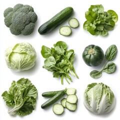 Fresh Green Vegetables Displayed on White Background Emphasizing Healthy Lifestyle Choices and Nutritional Benefits