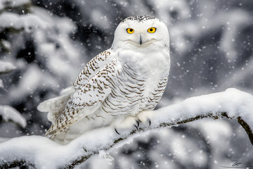 Fototapeta premium Majestic Snowy Owl Resting Amidst a Pristine Winter Wonderland