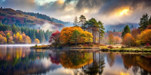 Fototapeta premium Misty Loch Mudle Woodland, Ardnamurchan, Scotland - Winter Solstice