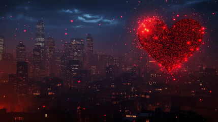 Fototapeta premium 3D Red Heart Floating Over Night City Skyline with Glowing Particles, Romantic Digital Art Wallpaper for Ads