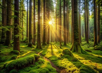 Obraz premium Misty Sitka Spruce Forest, Lush Green Canopy, Sunlight Dappled Path, Pacific Northwest Nature