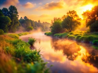 Fototapeta premium Misty Summer Sunrise River: Tilt-Shift Foggy Morning Landscape