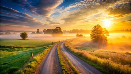 Fototapeta premium Misty Sunrise Meadow Road: Golden Hour Foggy Rural Landscape