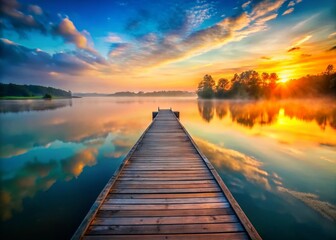 Obraz premium Misty Sunrise Over Serene Lake with Wooden Pier - Peaceful Nature Stock Photo
