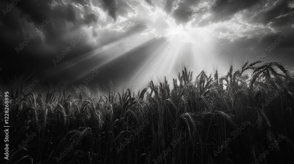 Poster golden rays illuminate wheat fields under a dramatic cloudy sky at sunset. generative ai