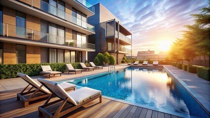 Obraz premium Modern Apartment Complex Outdoor Pool - Luxury Summer Resort Lifestyle