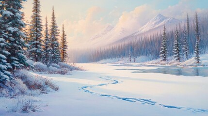 Obraz premium Tranquil winter landscape with snowy mountains and pine trees